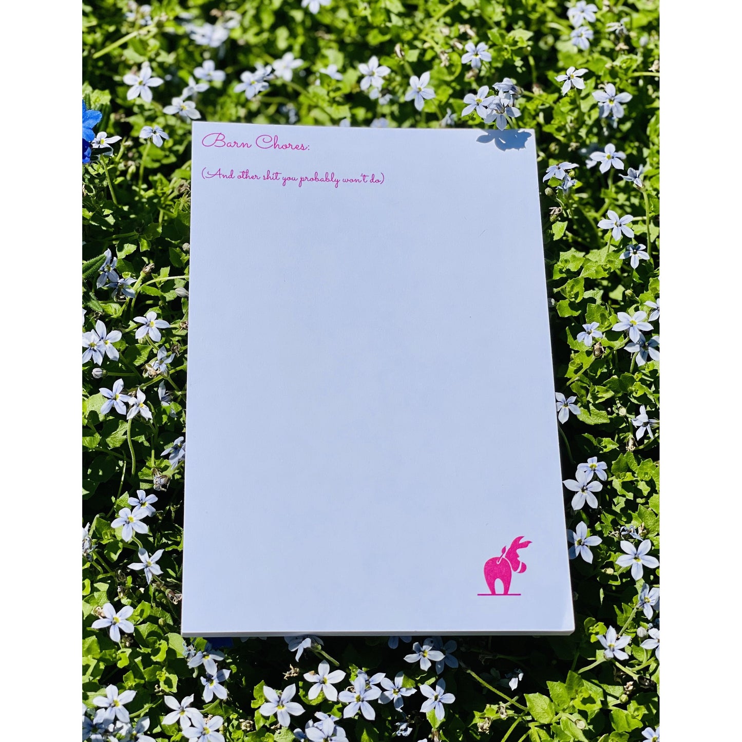 White Notepad with the words " Barn Chores and other shit you probably wont do" in Pink with Pink Donkey Logo