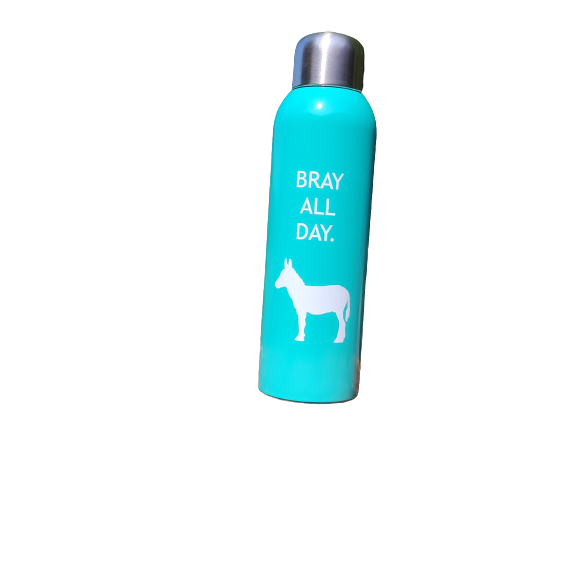 Blue water bottle with white donkey and the words "Bray all Day" 
