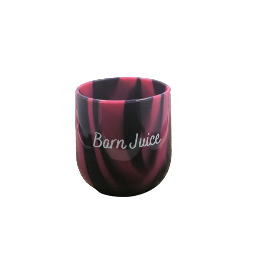 Pinkish Purple and Black Silicon Wine Glass that says "barn juice" 