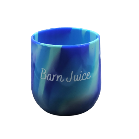 Multicolor Blue Silicon Wine Glass that says "Barn Juice" 