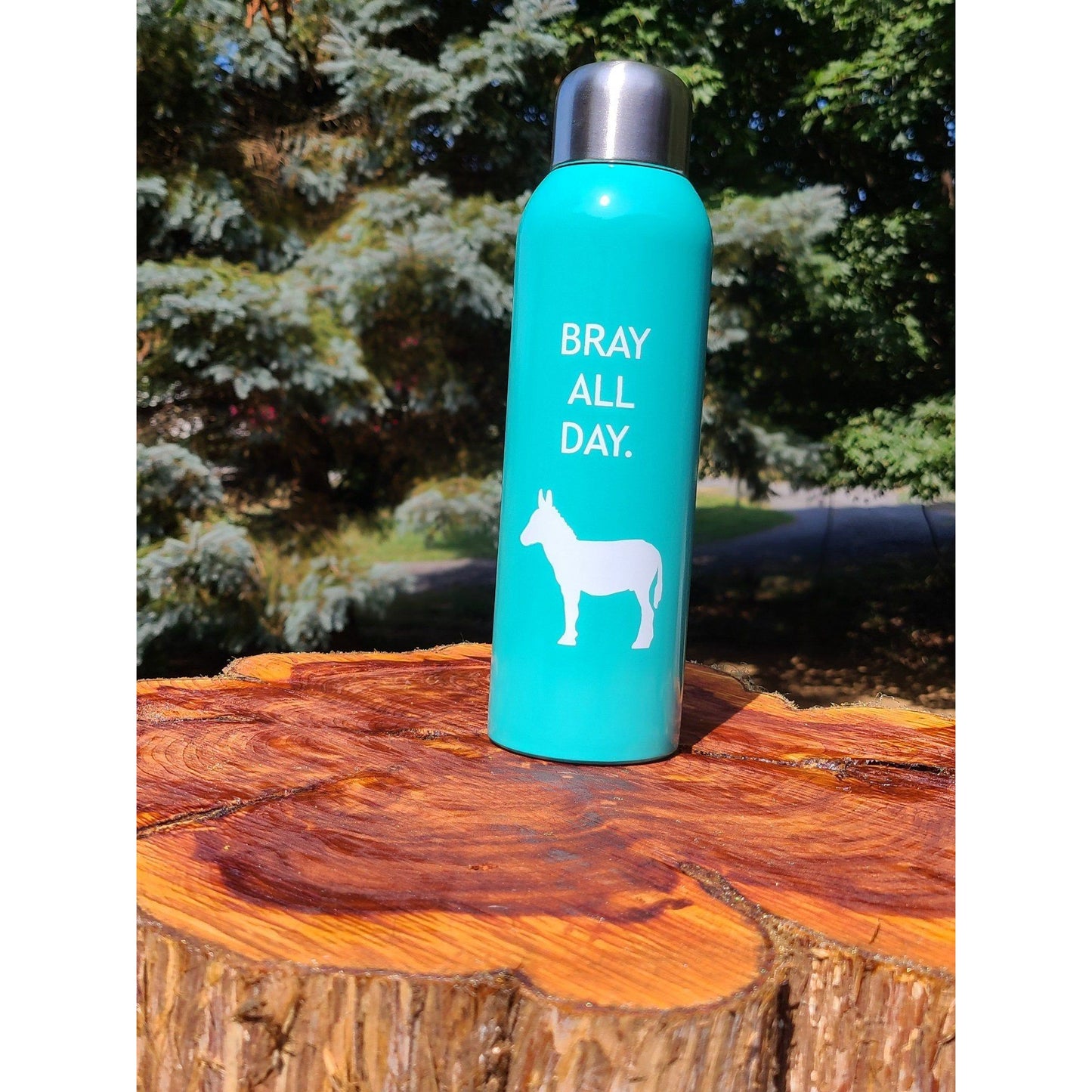 Blue water bottle with white donkey and the words "Bray all Day" 